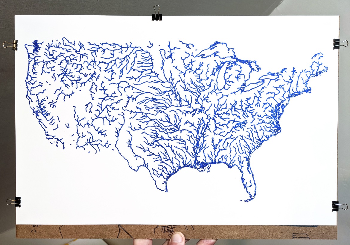 A map of the major rivers of America, drawn by a pen plotter.