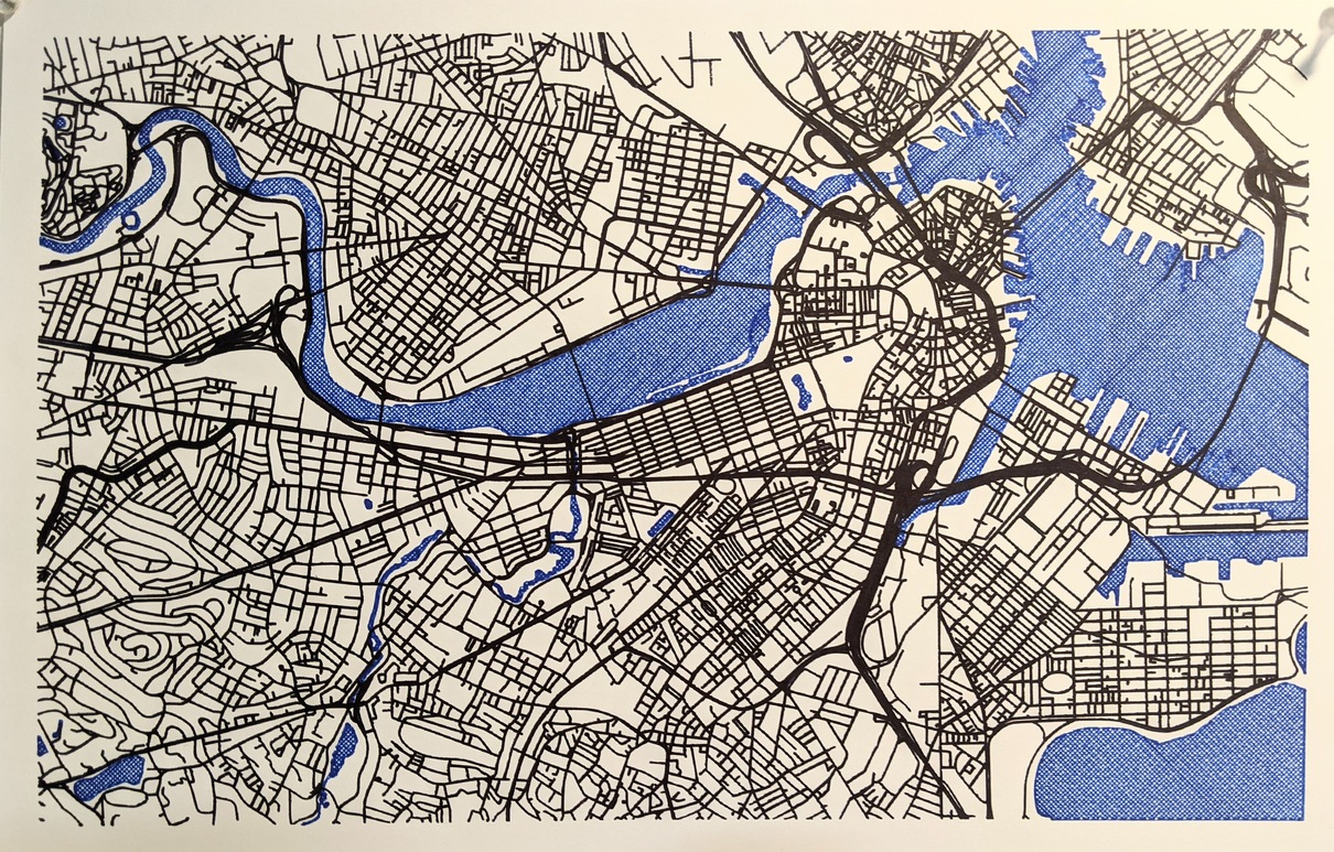 A roadmap of Boston, drawn by a pen plotter.
