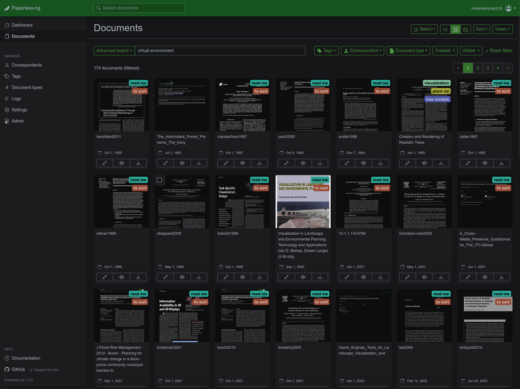 A screenshot of the Paperless-ng user interface. A search for 'virtual environments' returned 174 results, shown as individual tiles with names and text previews.