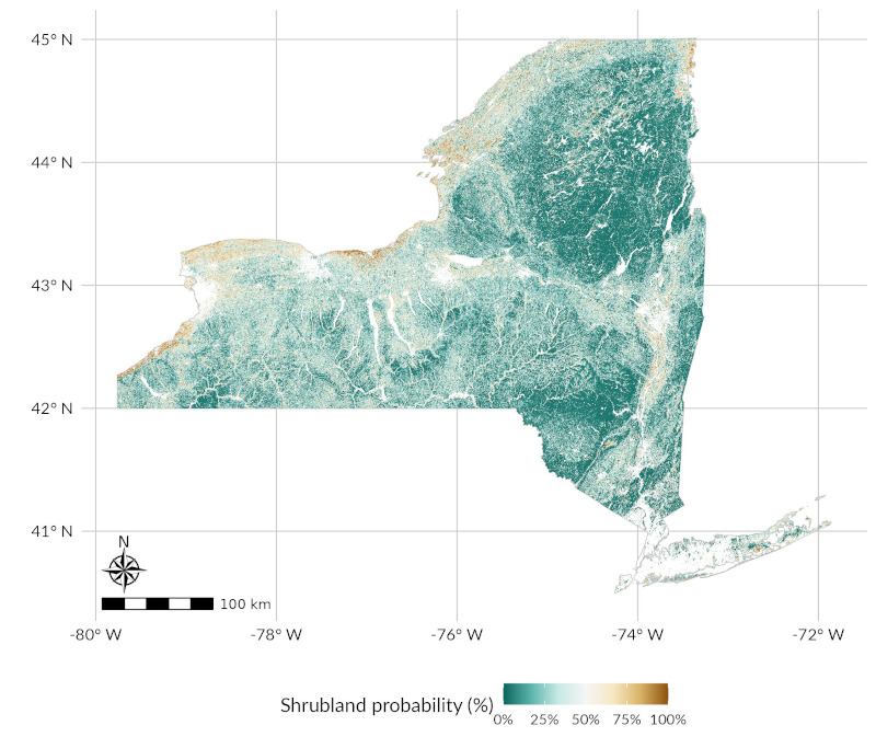A map of predicted shrubland probabilities for all of New York State.