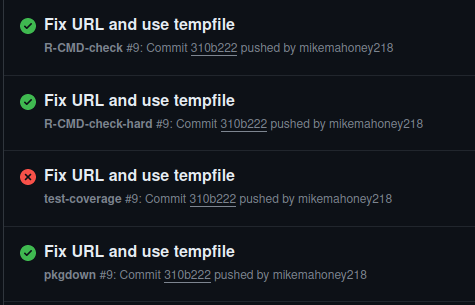 A screenshot of GitHub Actions, where all workflows -- including R CMD check -- are successful, but test coverage is failing.