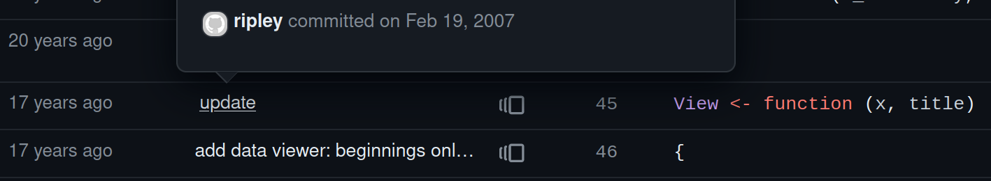 Commit by Prof. Brian D Ripley on Feb 19 2007, adding the capitalized `View()` function.